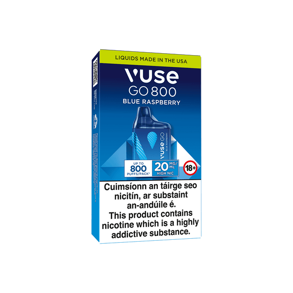 A Vuse Go 800 Blue Raspberry disposable vape package
