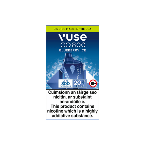A Vuse Go 800 Blueberry Ice disposable vape package