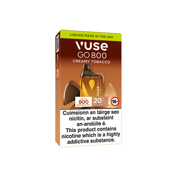 A Vuse Go 800 Creamy Tobacco disposable vape package