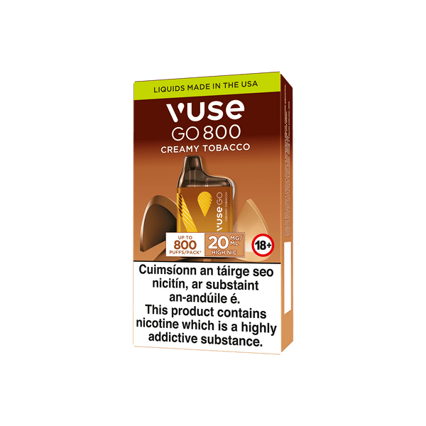 A Vuse Go 800 Creamy Tobacco disposable vape package