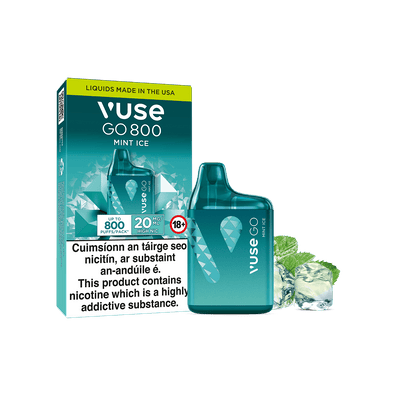 A Vuse Go 800 Mint Ice disposable vape next to its packaging