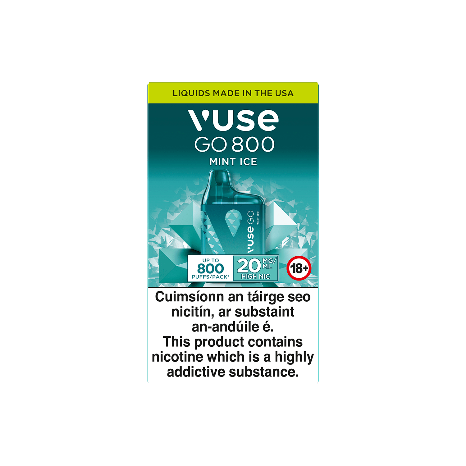 A Vuse Go 800 Mint Ice disposable vape package
