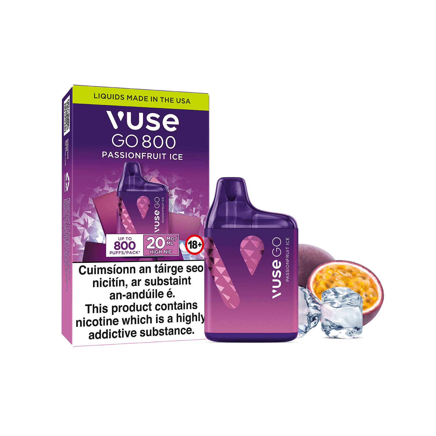 A Vuse Go 800 Passionfruit Ice disposable vape next to its packaging