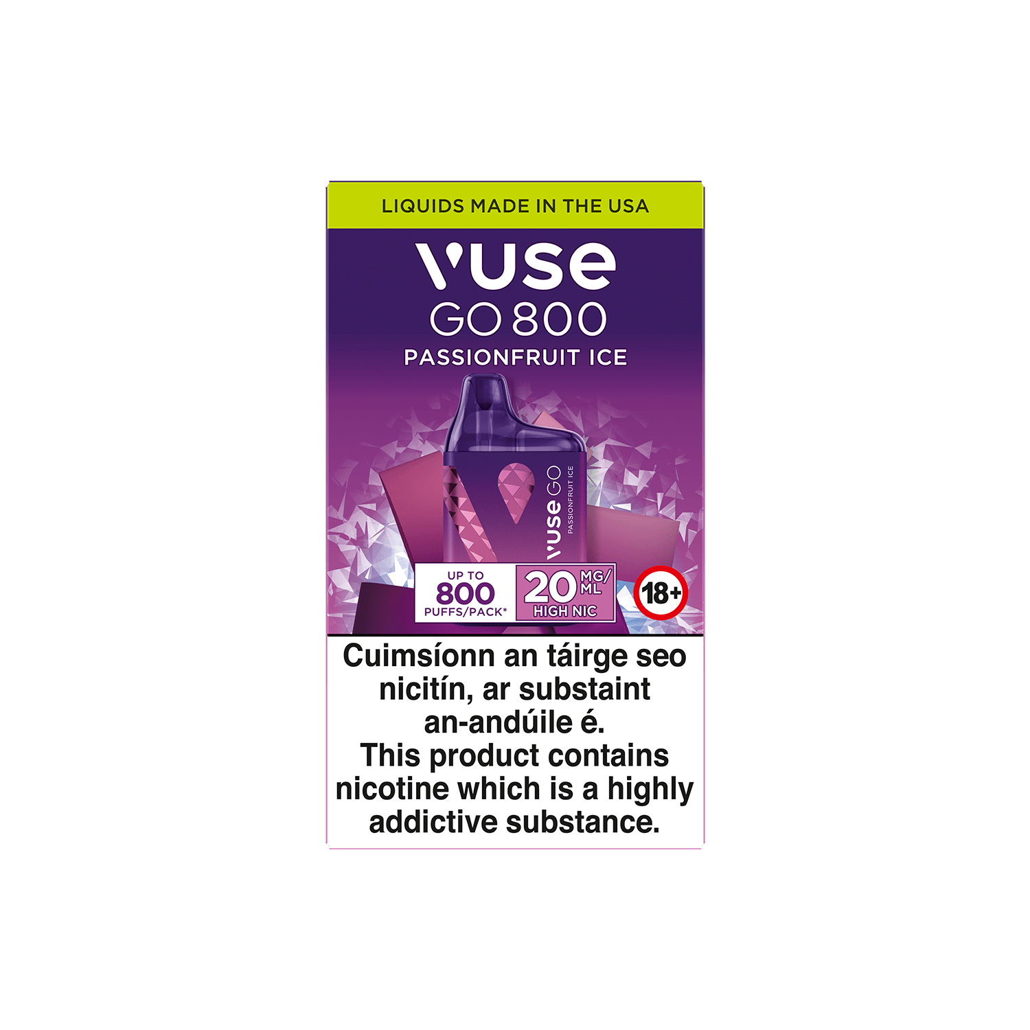 A Vuse Go 800 Passionfruit Ice disposable vape package