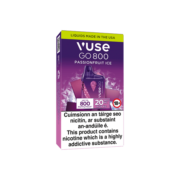A Vuse Go 800 Passionfruit Ice disposable vape package