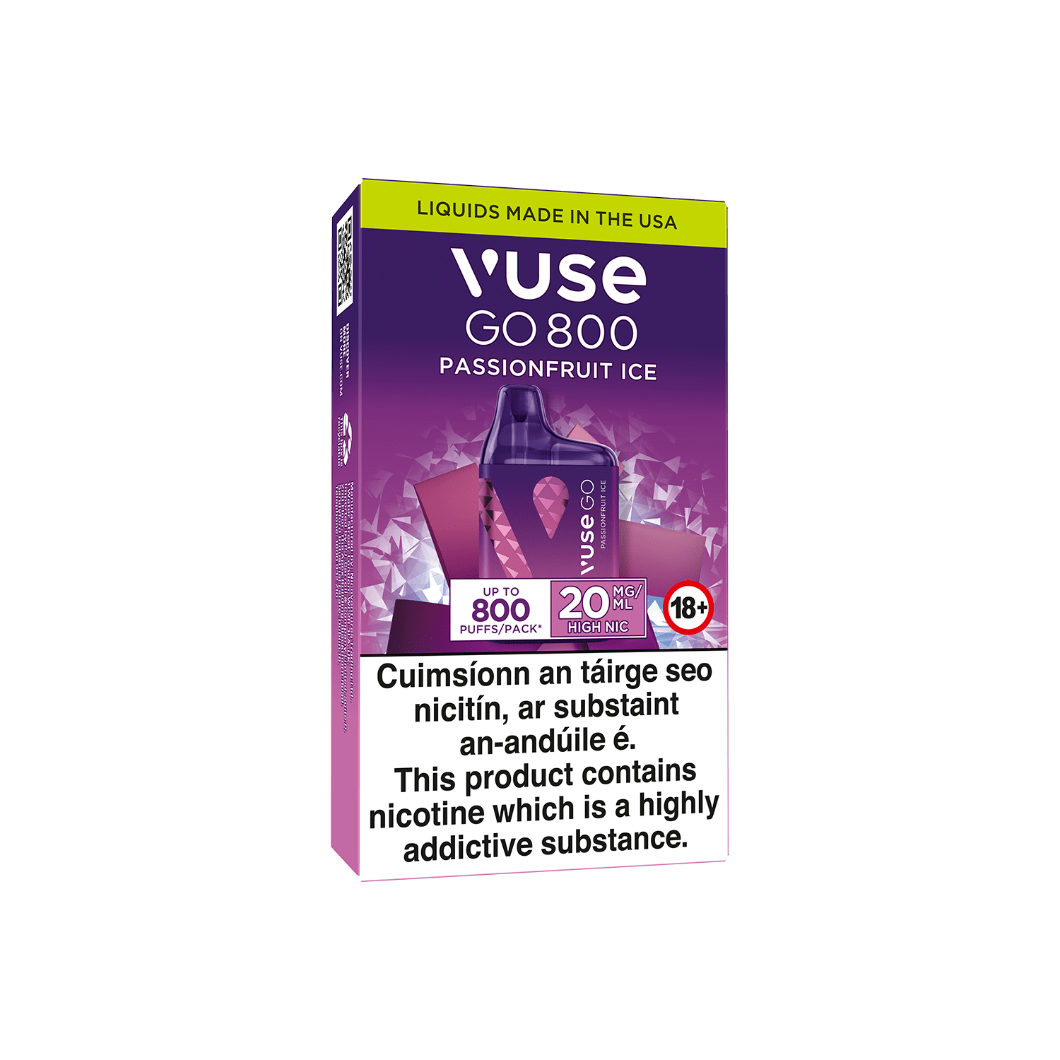 A Vuse Go 800 Passionfruit Ice disposable vape package