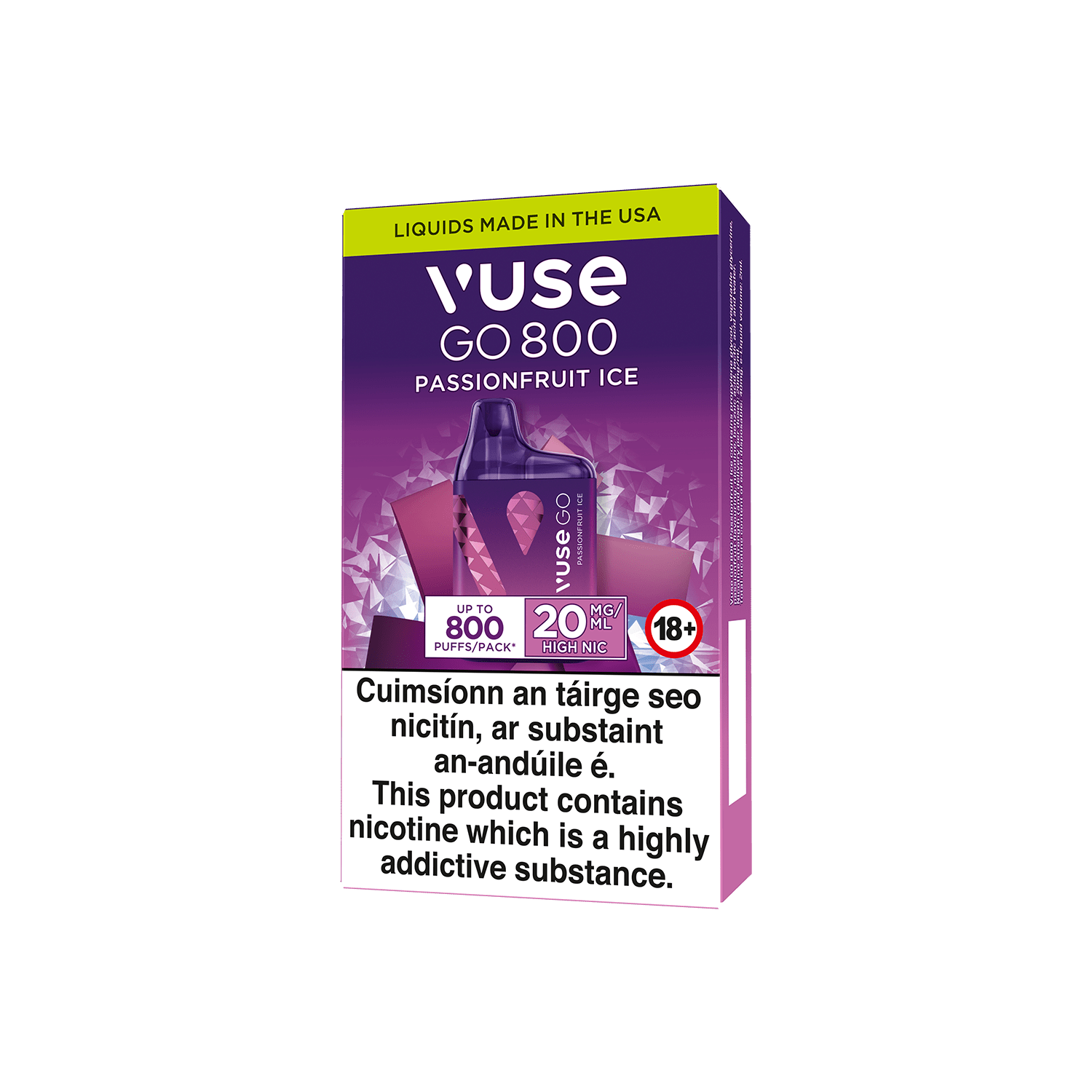 A Vuse Go 800 Passionfruit Ice disposable vape package