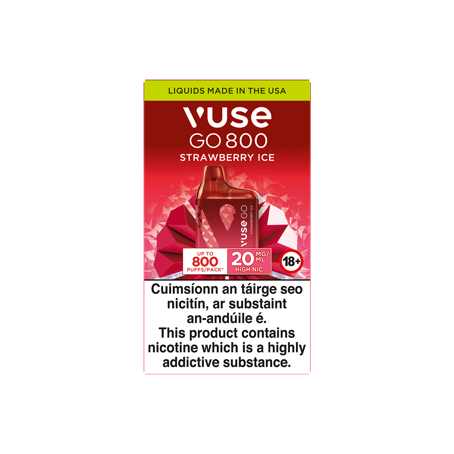 A Vuse Go 800 Strawberry Ice disposable vape package