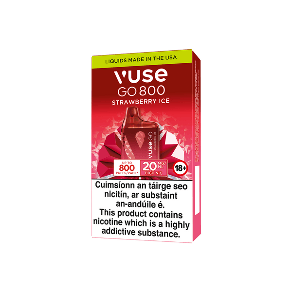 A Vuse Go 800 Strawberry Ice disposable vape package