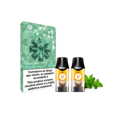 A pack of Vuse Creamy Mint ePod Pods with nic salts, containing two eliquid pods, which are on show.