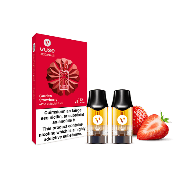 A pack of Vuse Garden Strawberry ePod Pods with nic salts, containing two eliquid pods, which are on show.