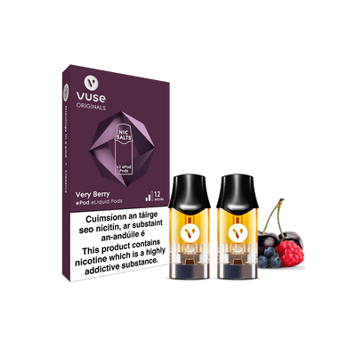 A pack of Vuse Very Berry ePod Pods with nic salts, containing two eliquid pods, which are on show.