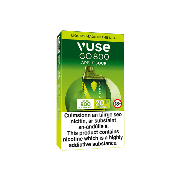 A Vuse Go 800 Apple Sour disposable vape package