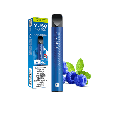 A Vuse GO 700 Blue Raspberry disposable vape next to its packaging