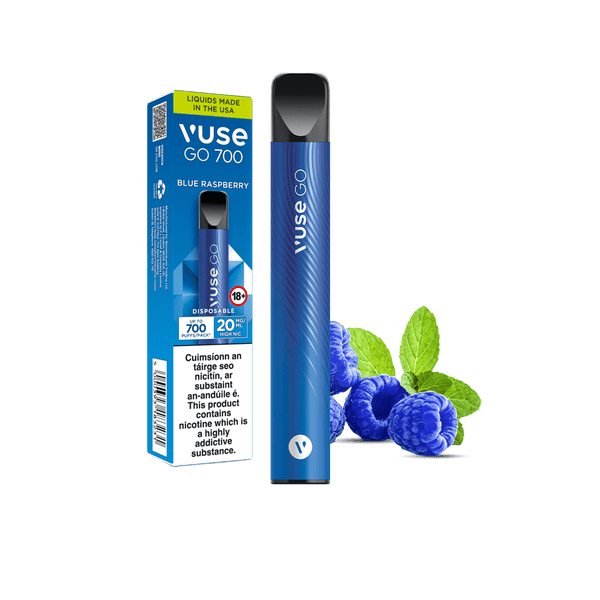 A Vuse GO 700 Blue Raspberry disposable vape next to its packaging