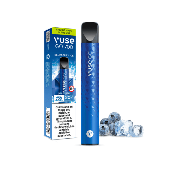 A Vuse Go 700 Blueberry Ice disposable vape next to its packaging