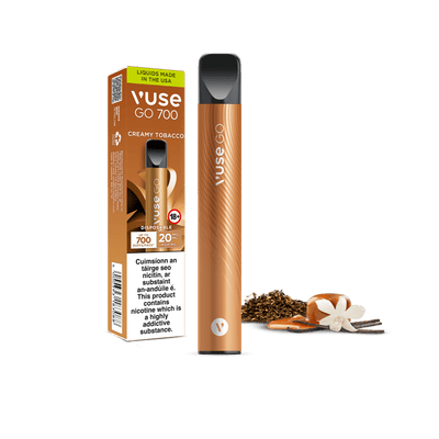A Vuse Go 700 Creamy Tobacco disposable vape next to its packaging