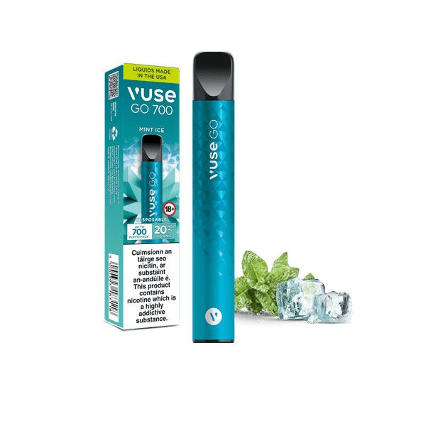 A Vuse Go 700 Mint Ice disposable vape next to its packaging