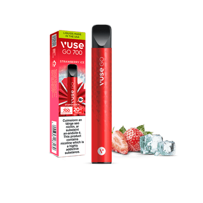 A Vuse Go 700 Strawberry Ice disposable vape next to its packaging