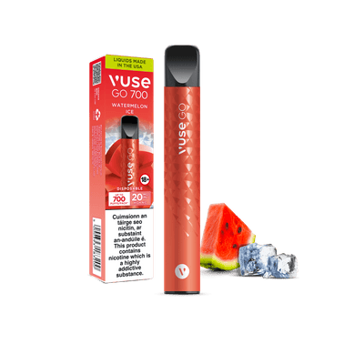 A Vuse Go 700 Watermelon Ice disposable vape next to its packaging