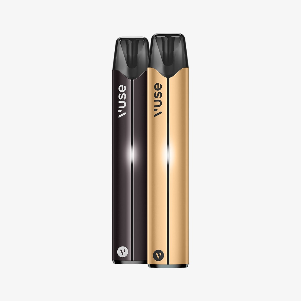 Vuse Ireland Two Vuse vape pens, one black and one gold, standing upright side by side on a plain white background.