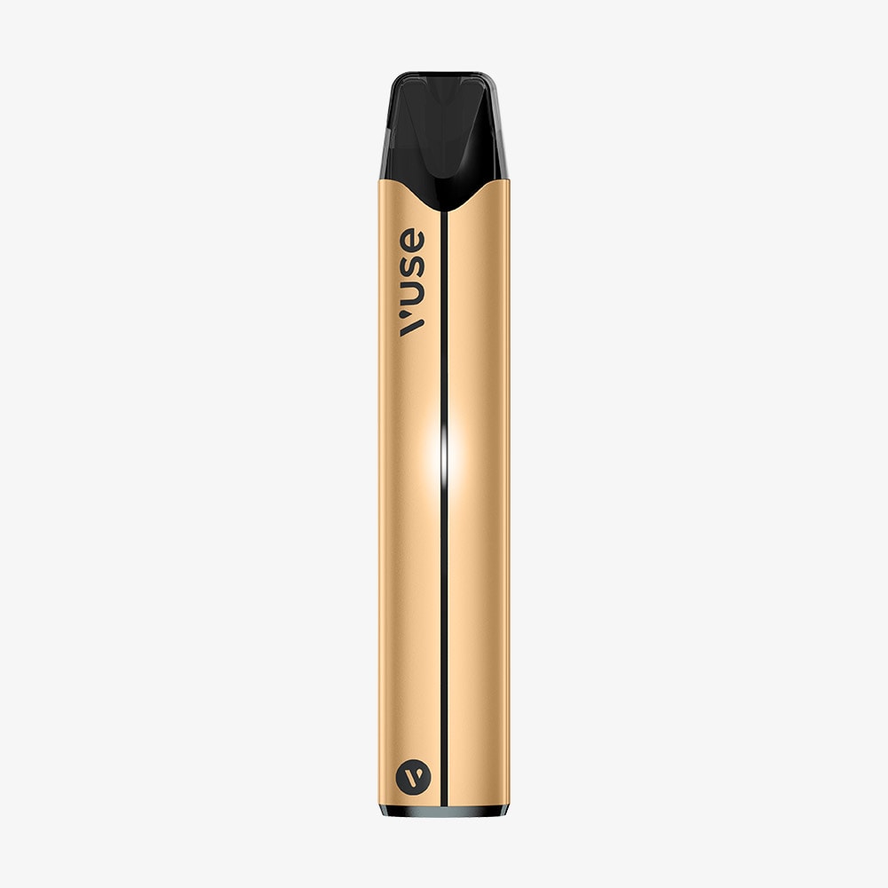 Vuse Ireland A gold Vuse vape pen is shown upright against a plain white background. The device has a black mouthpiece and the word Vuse printed vertically near the top.