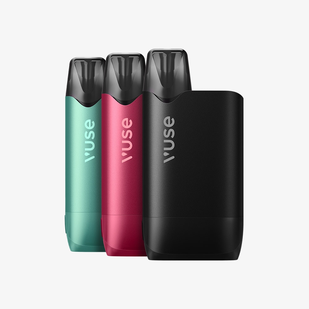 Vuse Ireland Three Vuse vape devices are shown upright in teal, red, and black colors, positioned side by side on a white background. The Vuse logo is visible on each device.