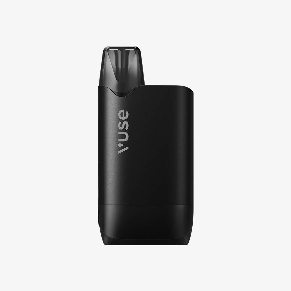 Vuse Ireland A black Vuse vape device stands upright on a plain white background. The device has a sleek, rectangular design with rounded edges and the Vuse logo printed vertically on the front.