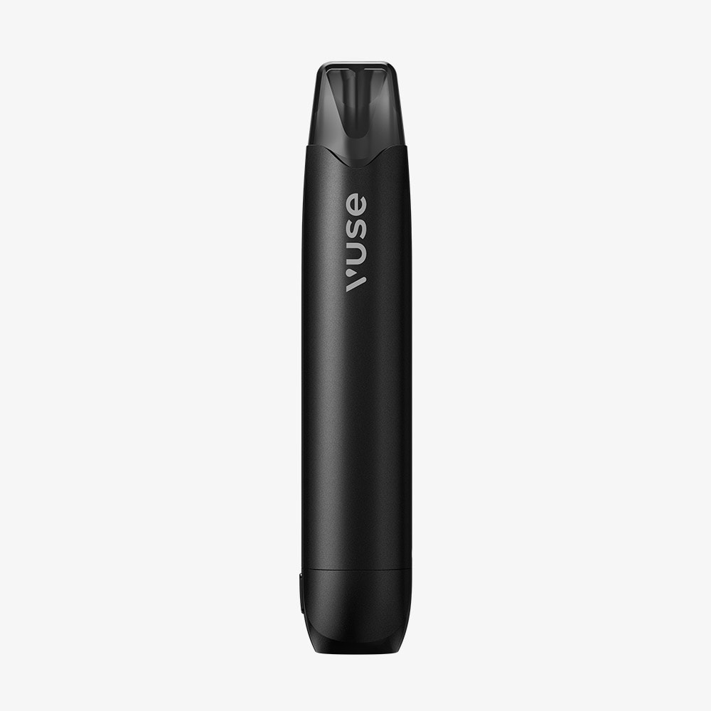 Vuse Ireland A black Vuse vape pen standing upright on a plain light gray background.