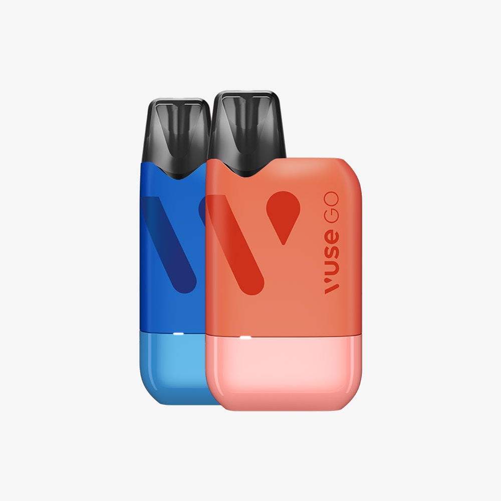 Vuse Ireland Two Vuse Go disposable vape devices, one blue and one red, are standing upright side by side on a plain white background.
