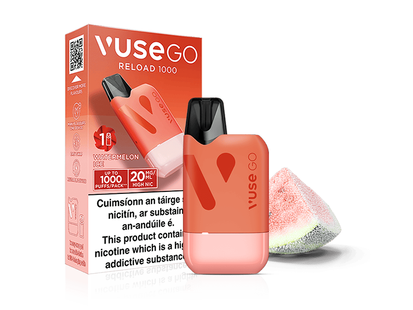 Vuse Ireland Vuse GO Reload 1000 vape device and packaging in watermelon flavor, shown with a slice of watermelon. The box highlights 1000 puffs, 20 mg/mL nicotine, and features health warnings.