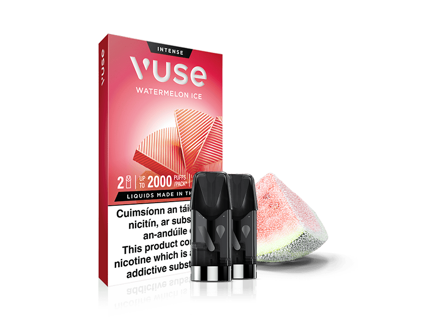 Vuse Ireland A Vuse Watermelon Ice vape pod pack with two black pods and a slice of watermelon beside the box. The packaging is mostly red with a watermelon illustration.