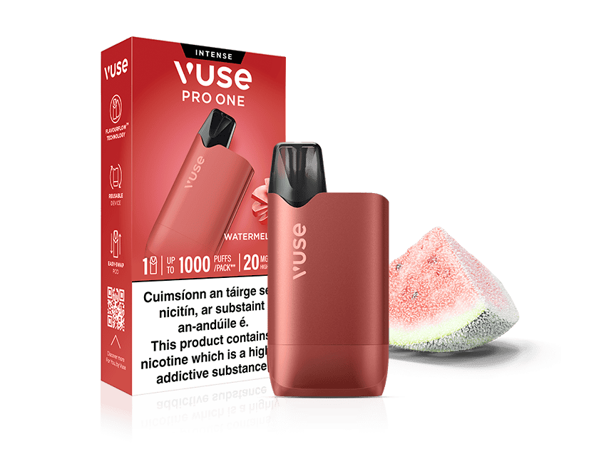 Vuse Ireland A red, rectangular Vuse Pro One Box Watermelon Ice device stands next to its red product packaging and a slice of watermelon.