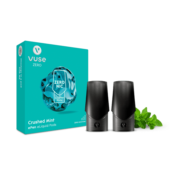 A pack of Vuse Crushed Mint Zero Nicotine ePen Pods, containing two eliquid pods, which are on show.