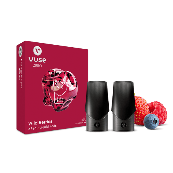 A pack of Vuse Wild Berries ePen Pods with nic salts, containing two eliquid pods, which are on show.