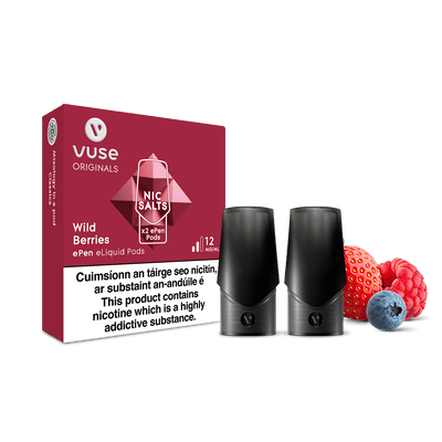 A pack of Vuse Wild Berries ePen Pods with nic salts, containing two eliquid pods, which are on show.