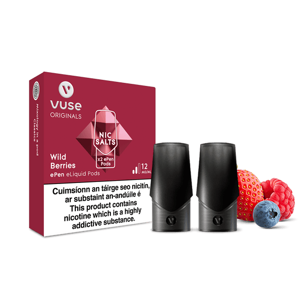 A pack of Vuse Wild Berries ePen Pods with nic salts, containing two eliquid pods, which are on show.