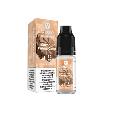 A Vuse Coconut Panna Cotta eLiquid bottle next to its packaging