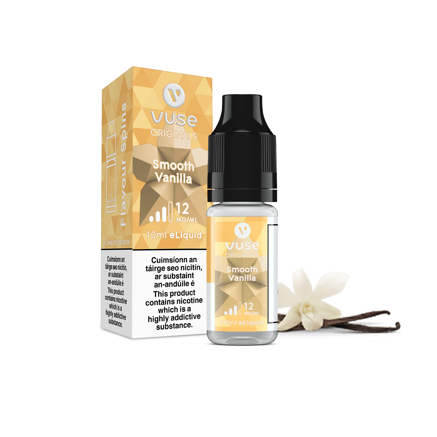 A Vuse Smooth Vanilla eLiquid bottle next to its packaging