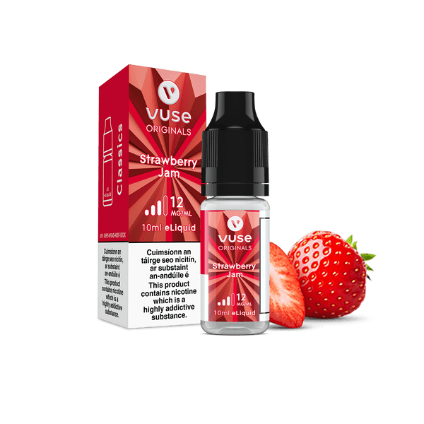 A Vuse Strawberry Jam eLiquid bottle next to its packaging